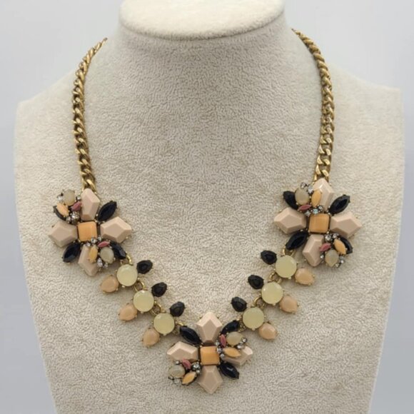 J Crew Vintage Gold Tone Pink Tan Black Resin Statement Necklace - Picture 1 of 11